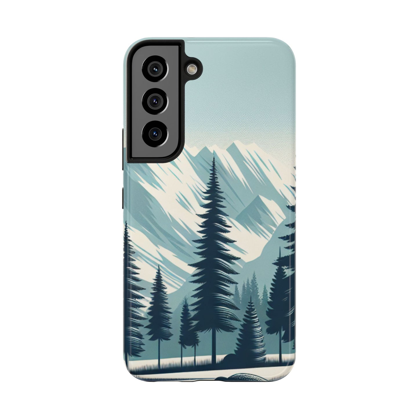 冒険が待っているタフな携帯電話ケース - 雪山の頂上と松の木のデザイン