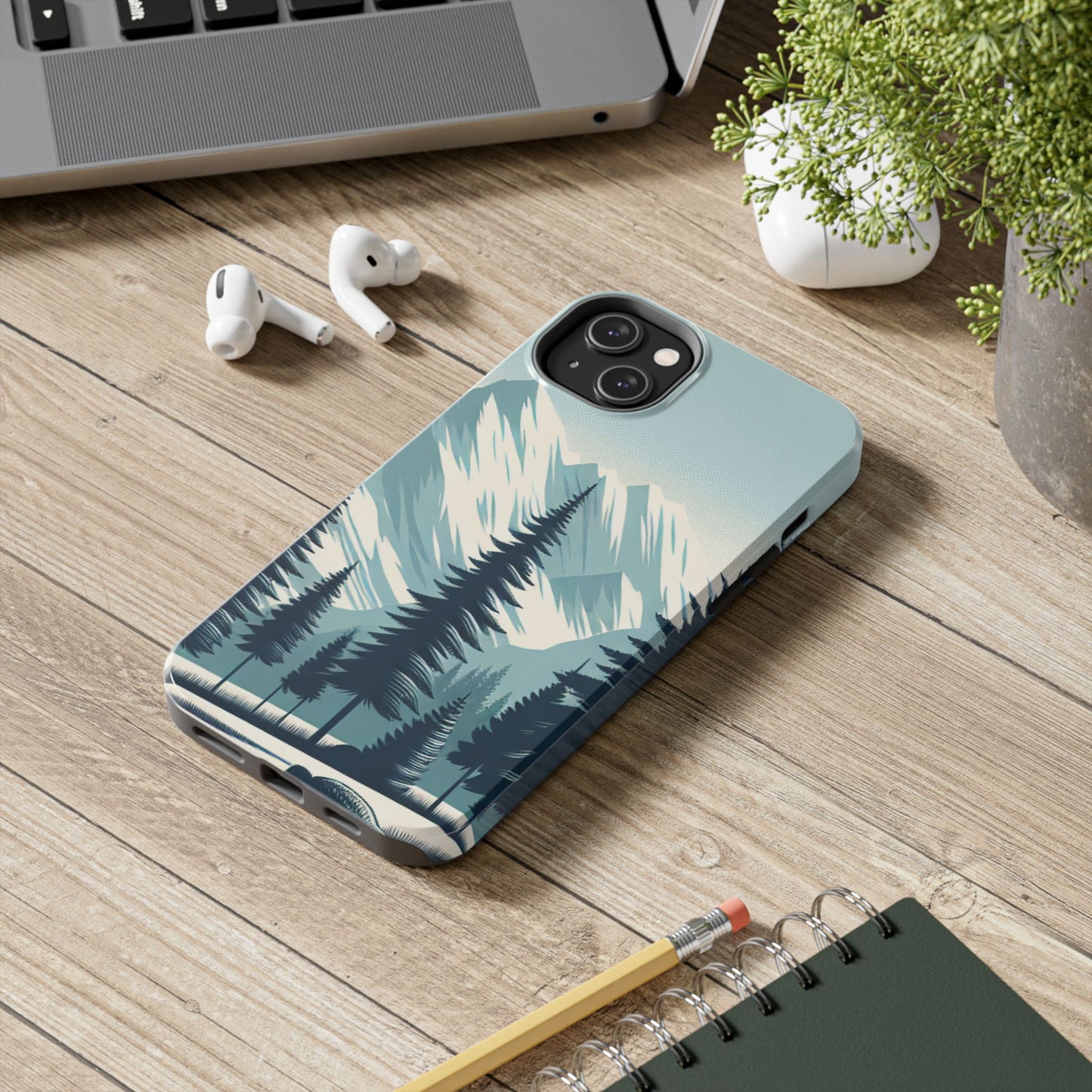 冒険が待っているタフな携帯電話ケース - 雪山の頂上と松の木のデザイン