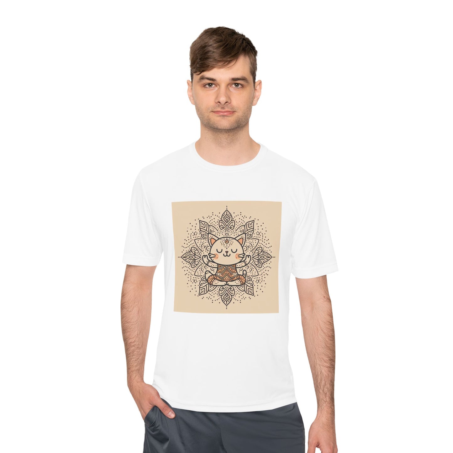 Unisex Moisture-Wicking Tee with Meditating Cat Design - Fitness, Yoga, and Wellness T-Shirt