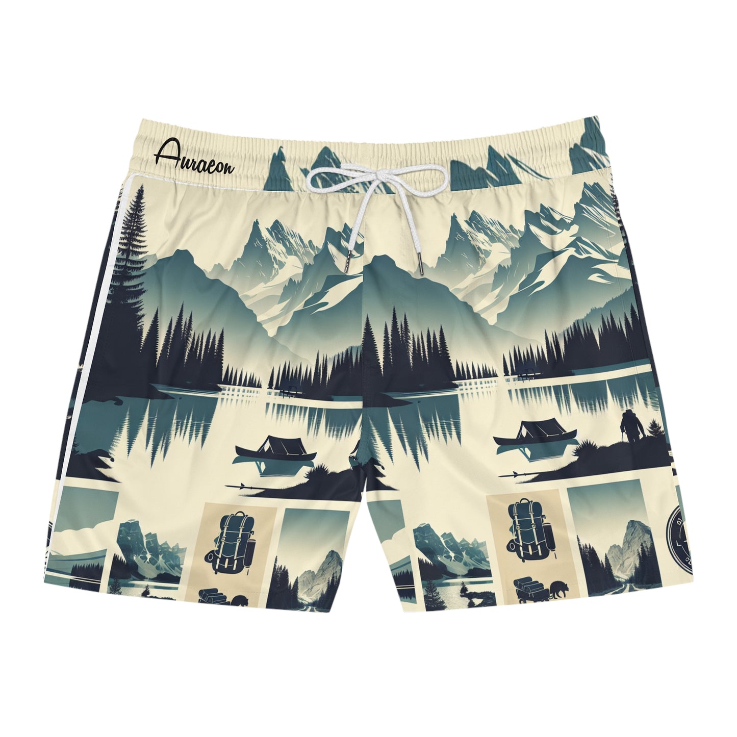 Vintage Mountain Lake Print Swim Shorts - Scenic Outdoor Travel Pattern