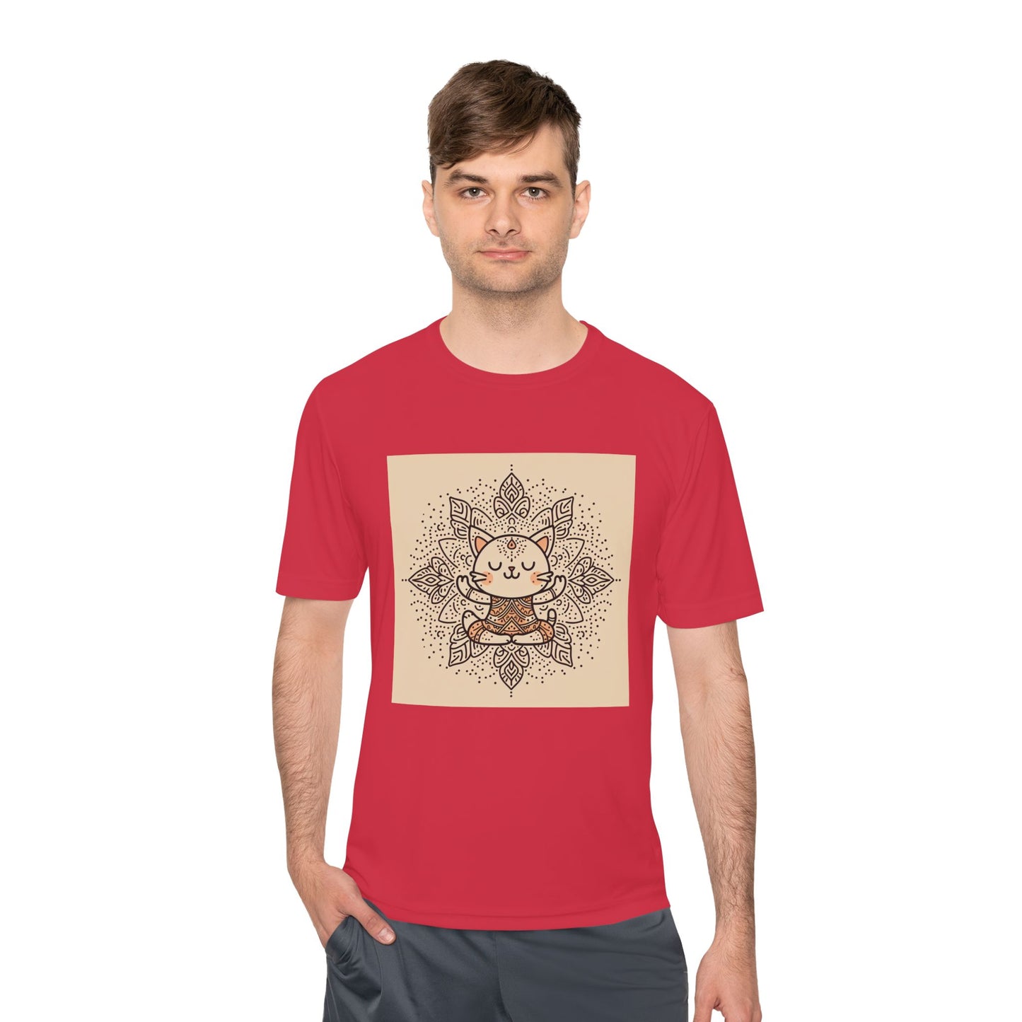Unisex Moisture-Wicking Tee with Meditating Cat Design - Fitness, Yoga, and Wellness T-Shirt
