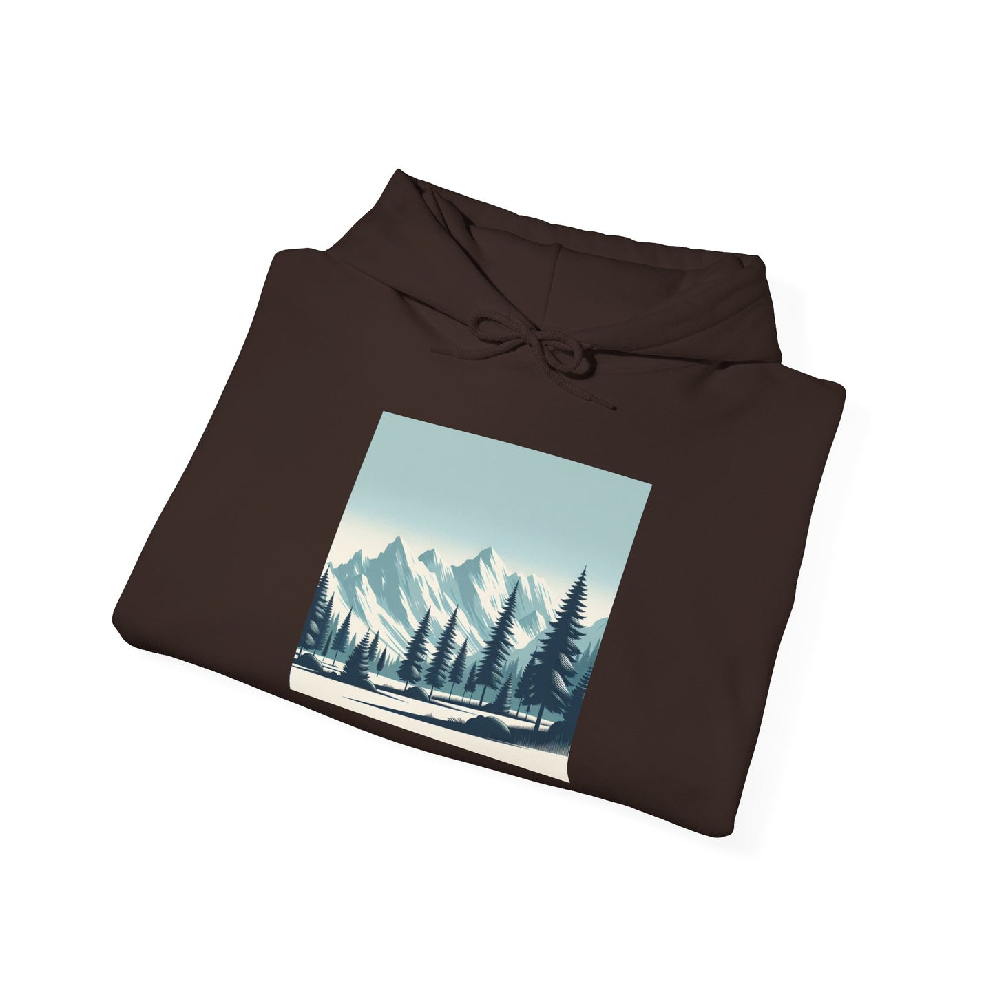 Summit Serenity Hoodie - Unisex Heavy Blend™ Sweatshirt with Pine Trees & Snowy Peaks Design | Wear the Wilderness