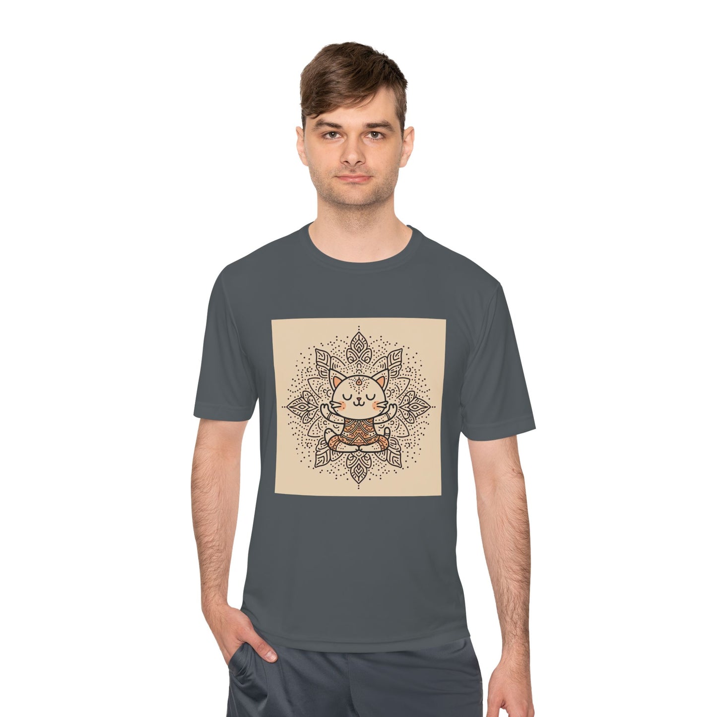 Unisex Moisture-Wicking Tee with Meditating Cat Design - Fitness, Yoga, and Wellness T-Shirt