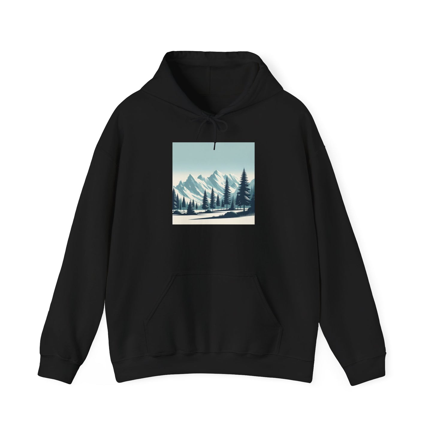 Summit Serenity Hoodie - Unisex Heavy Blend™ Sweatshirt with Pine Trees & Snowy Peaks Design | Wear the Wilderness