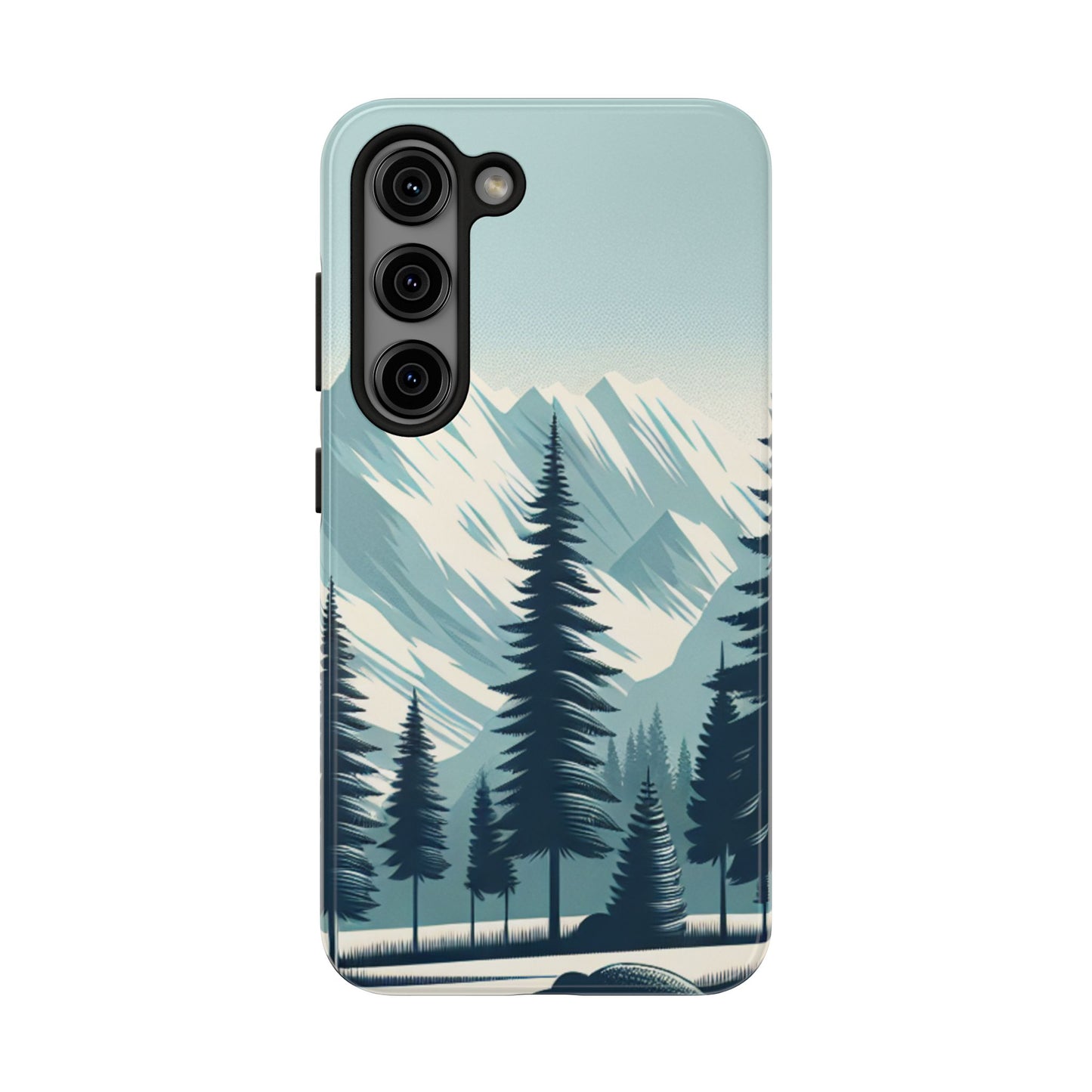 冒険が待っているタフな携帯電話ケース - 雪山の頂上と松の木のデザイン