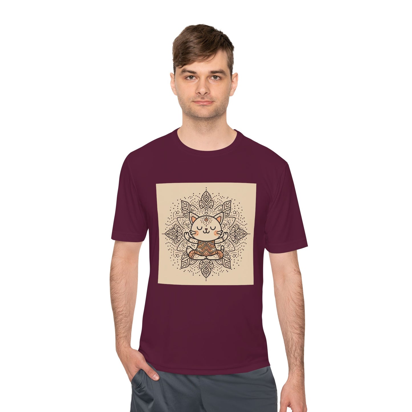 Unisex Moisture-Wicking Tee with Meditating Cat Design - Fitness, Yoga, and Wellness T-Shirt
