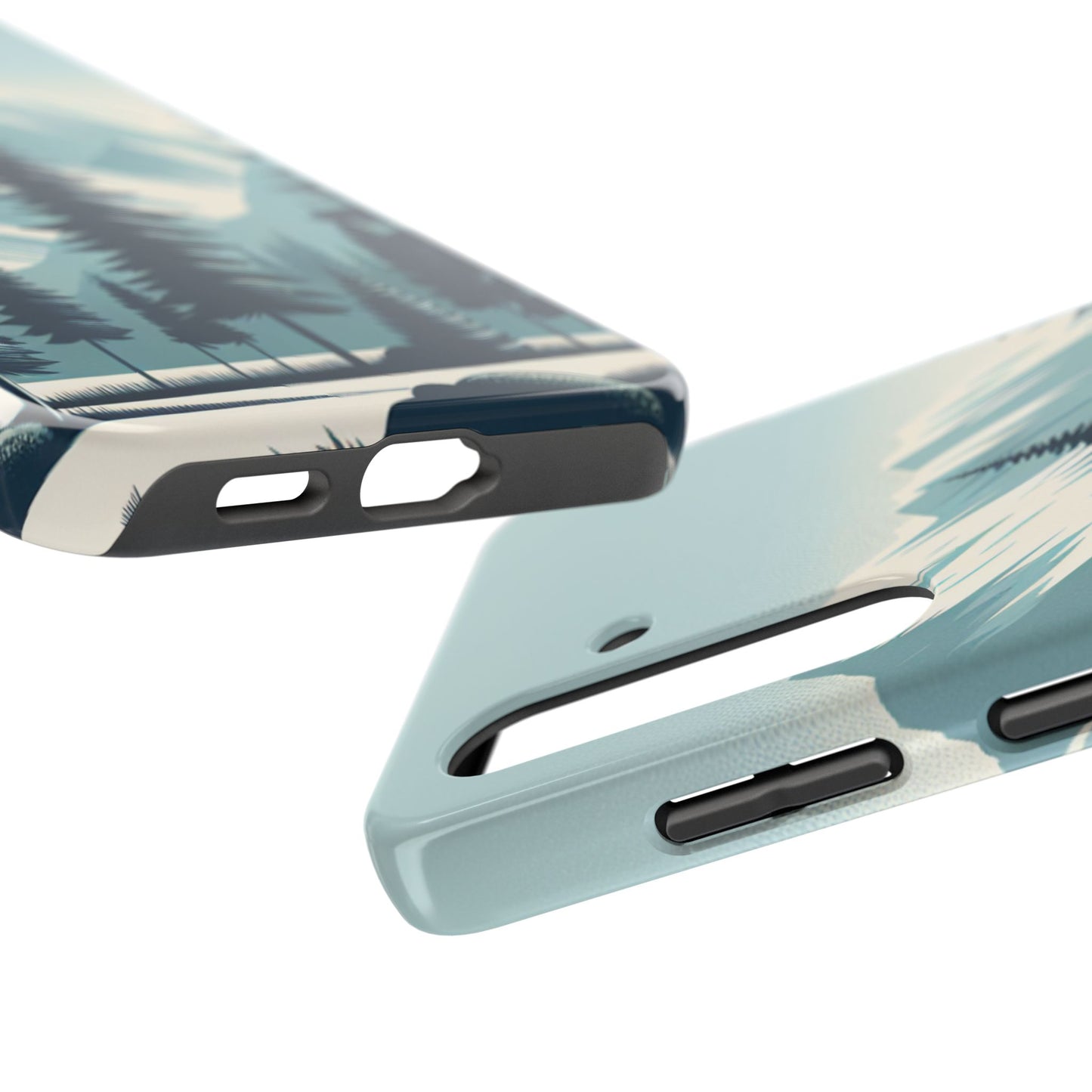 冒険が待っているタフな携帯電話ケース - 雪山の頂上と松の木のデザイン