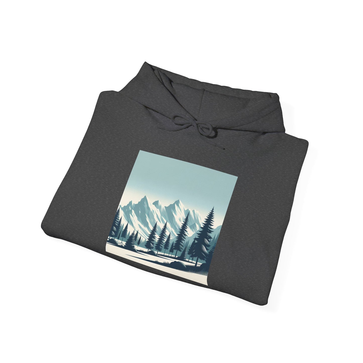 Summit Serenity Hoodie - Unisex Heavy Blend™ Sweatshirt with Pine Trees & Snowy Peaks Design | Wear the Wilderness