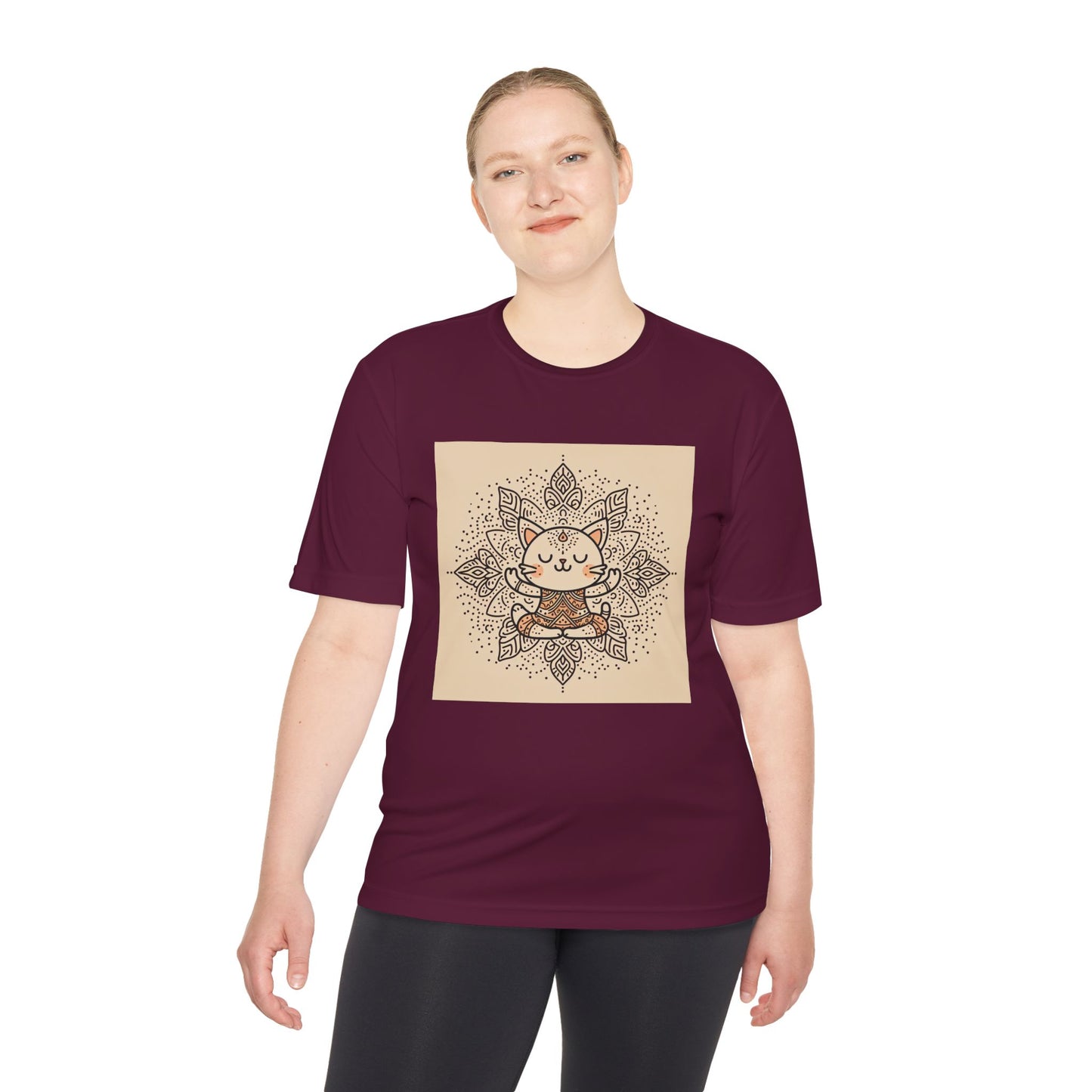Unisex Moisture-Wicking Tee with Meditating Cat Design - Fitness, Yoga, and Wellness T-Shirt