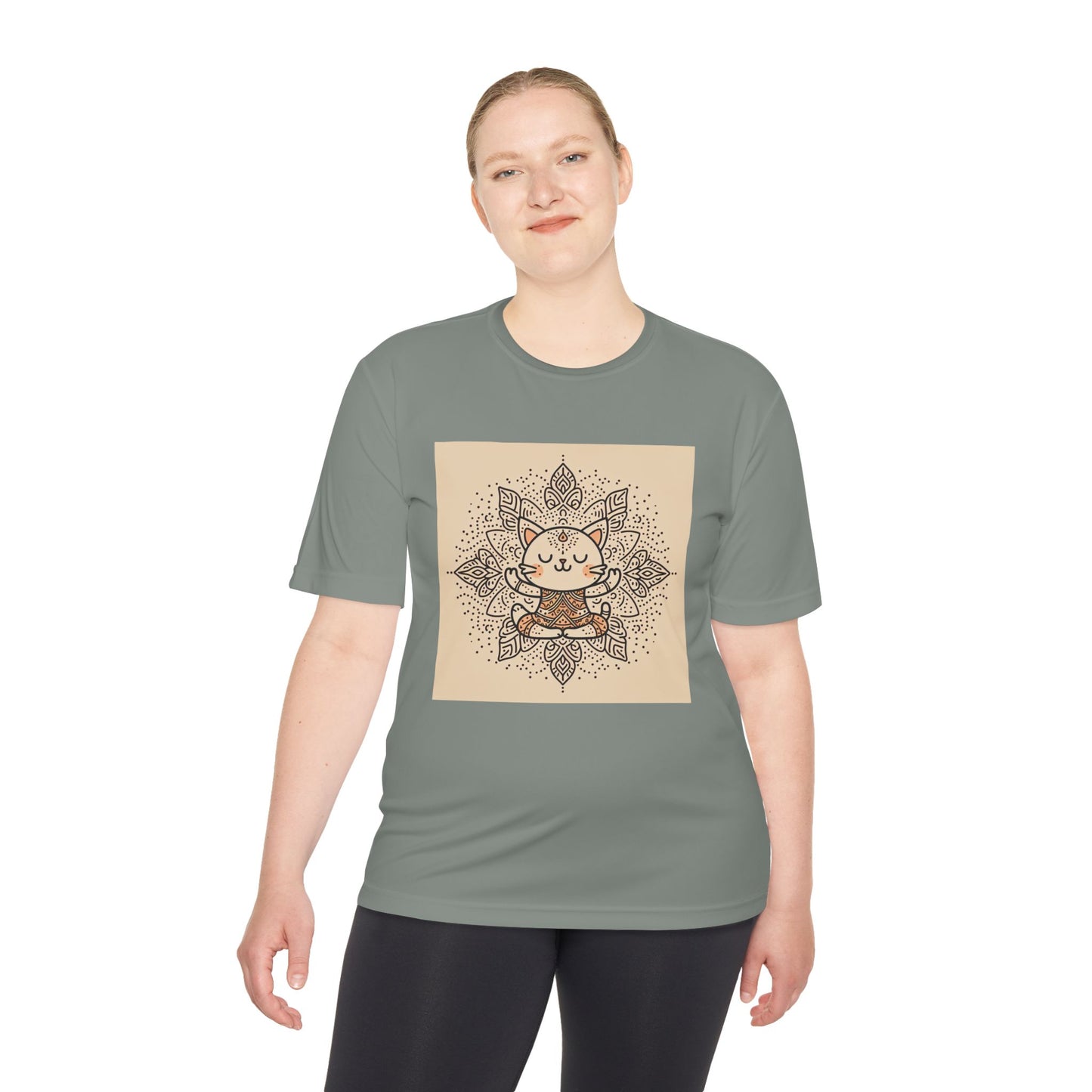 Unisex Moisture-Wicking Tee with Meditating Cat Design - Fitness, Yoga, and Wellness T-Shirt