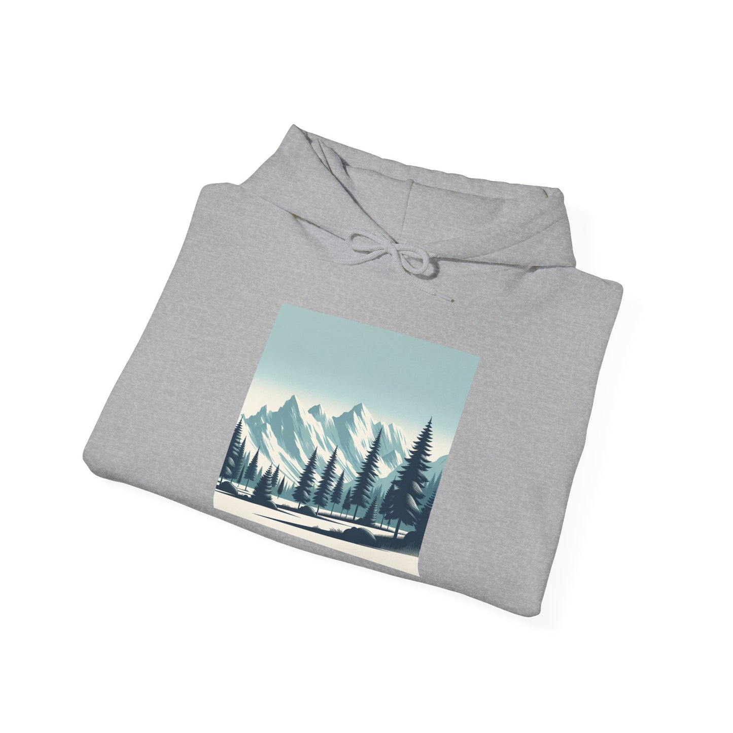 サミット セレニティ パーカー - ユニセックス ヘビー ブレンド™ スウェットシャツ、松の木と雪の山頂のデザイン | 荒野を着る