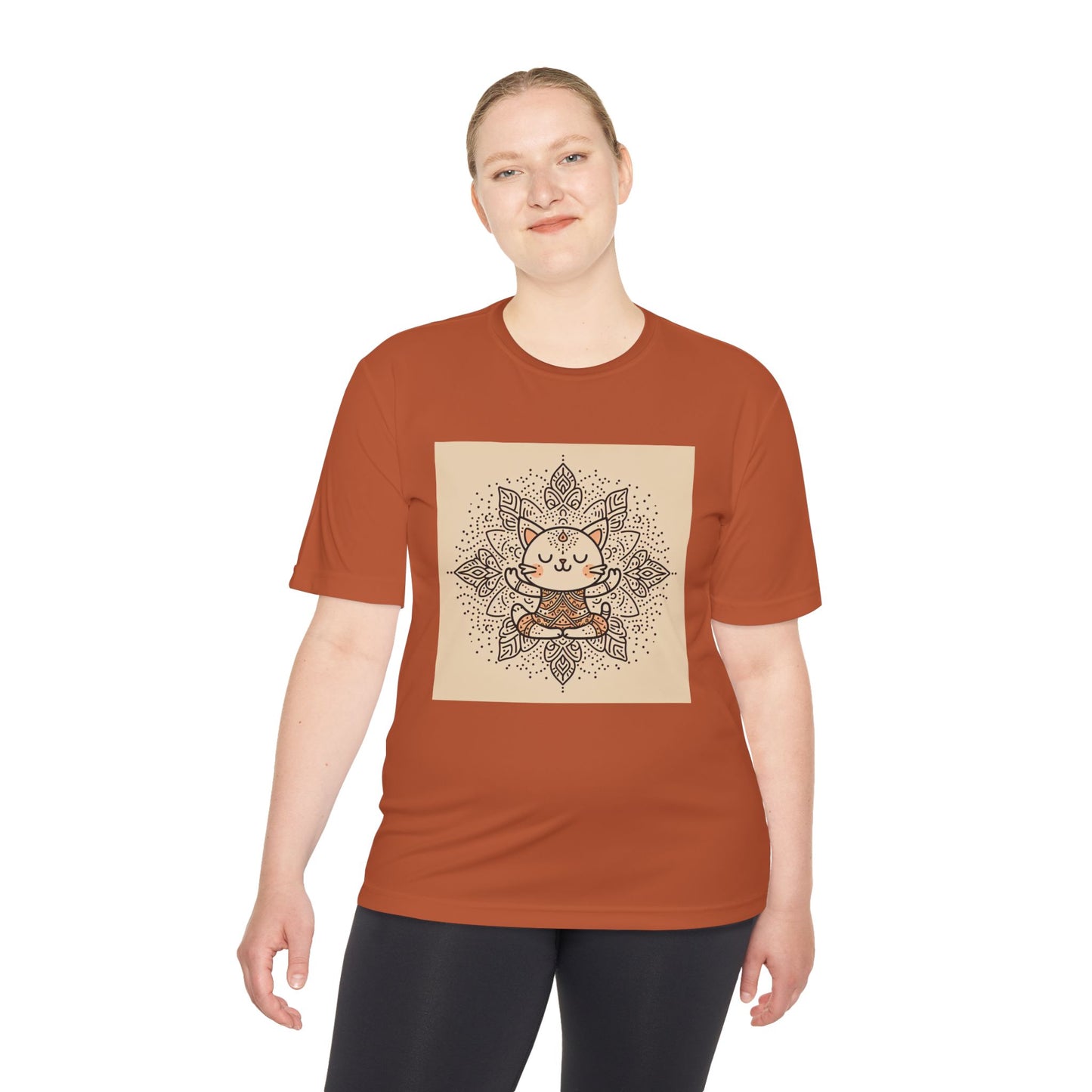 Unisex Moisture-Wicking Tee with Meditating Cat Design - Fitness, Yoga, and Wellness T-Shirt