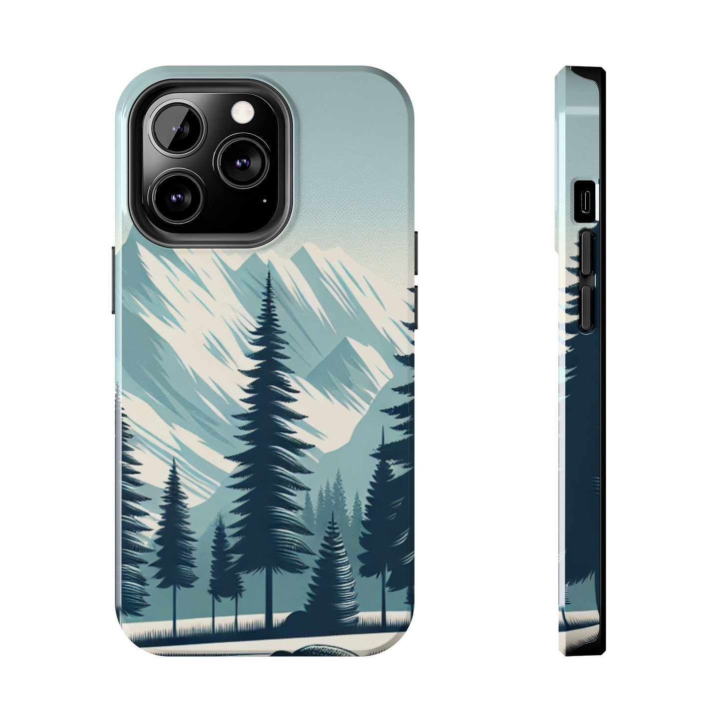 冒険が待っているタフな携帯電話ケース - 雪山の頂上と松の木のデザイン