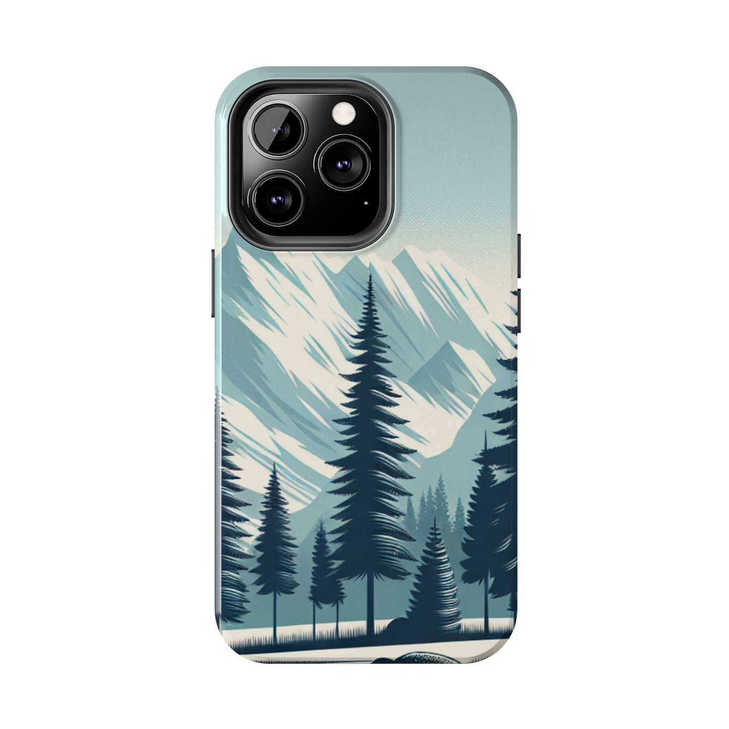 冒険が待っているタフな携帯電話ケース - 雪山の頂上と松の木のデザイン
