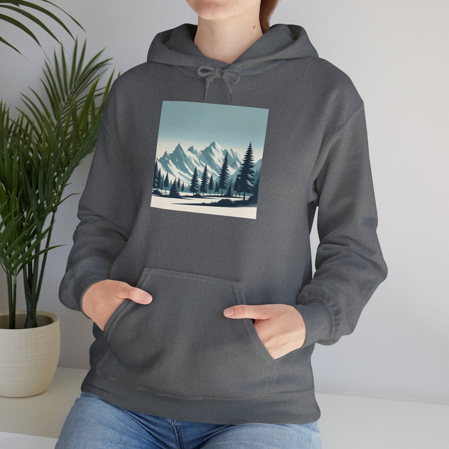 Summit Serenity Hoodie - Unisex Heavy Blend™ Sweatshirt with Pine Trees & Snowy Peaks Design | Wear the Wilderness
