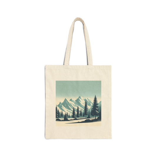 Adventure Awaits Cotton Canvas Tote Bag – Snowy Mountain Tops & Pine Tree Design