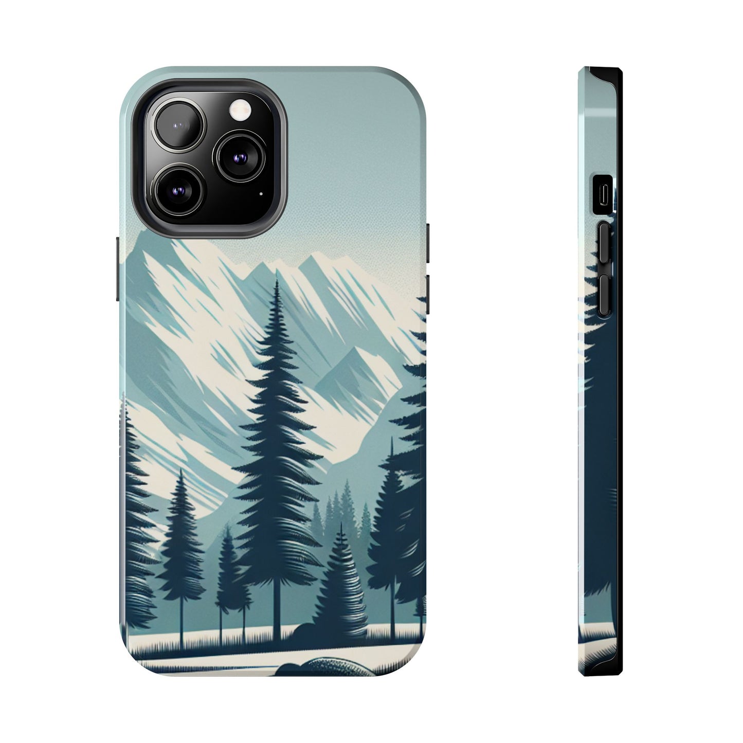 冒険が待っているタフな携帯電話ケース - 雪山の頂上と松の木のデザイン