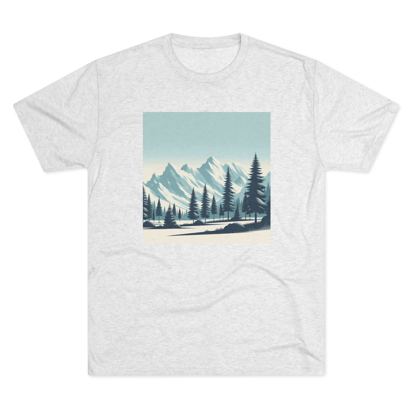 冒険が待っているユニセックストライブレンドクルーTシャツ – スノーウィーマウンテントップス＆パインツリーデザイン