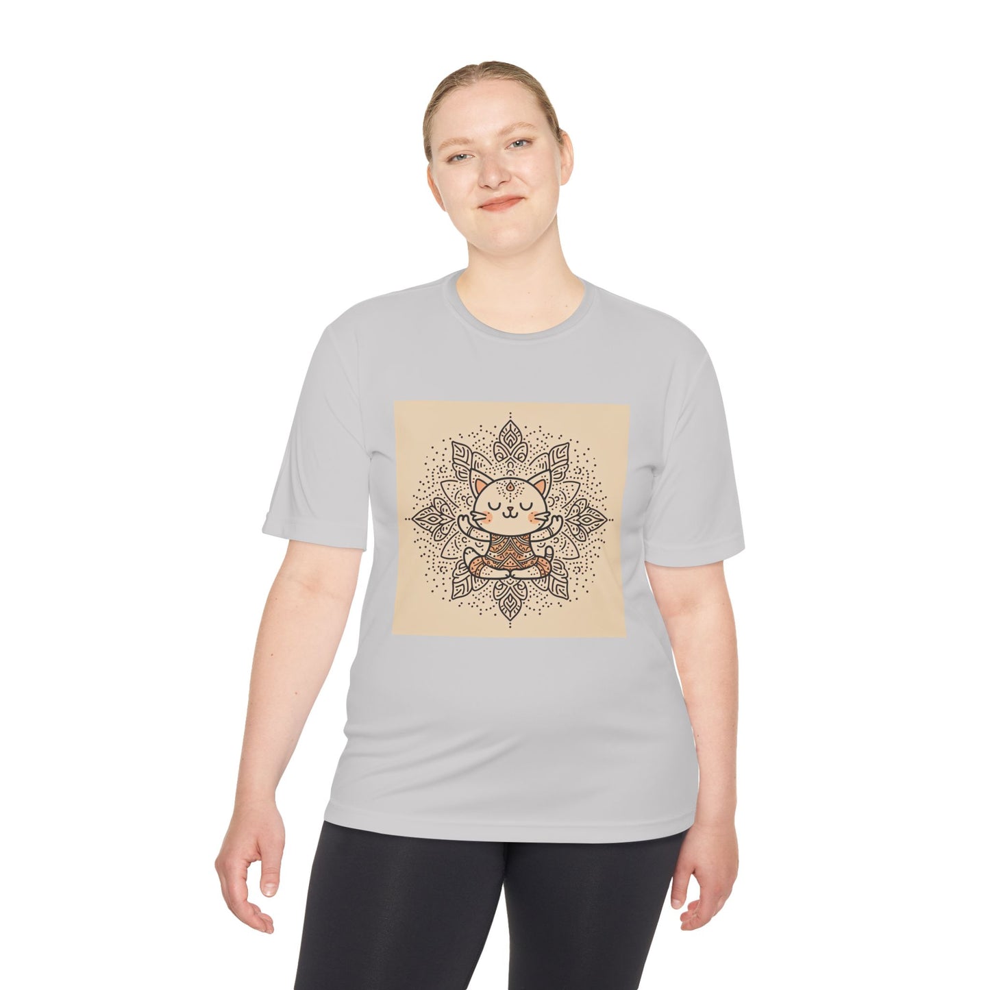 Unisex Moisture-Wicking Tee with Meditating Cat Design - Fitness, Yoga, and Wellness T-Shirt