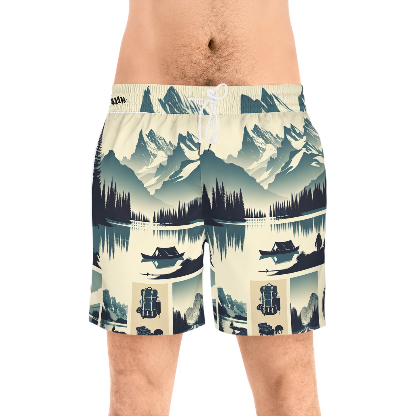Vintage Mountain Lake Print Swim Shorts - Scenic Outdoor Travel Pattern