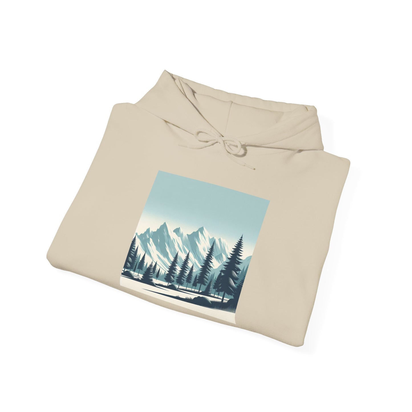 サミット セレニティ パーカー - ユニセックス ヘビー ブレンド™ スウェットシャツ、松の木と雪の山頂のデザイン | 荒野を着る