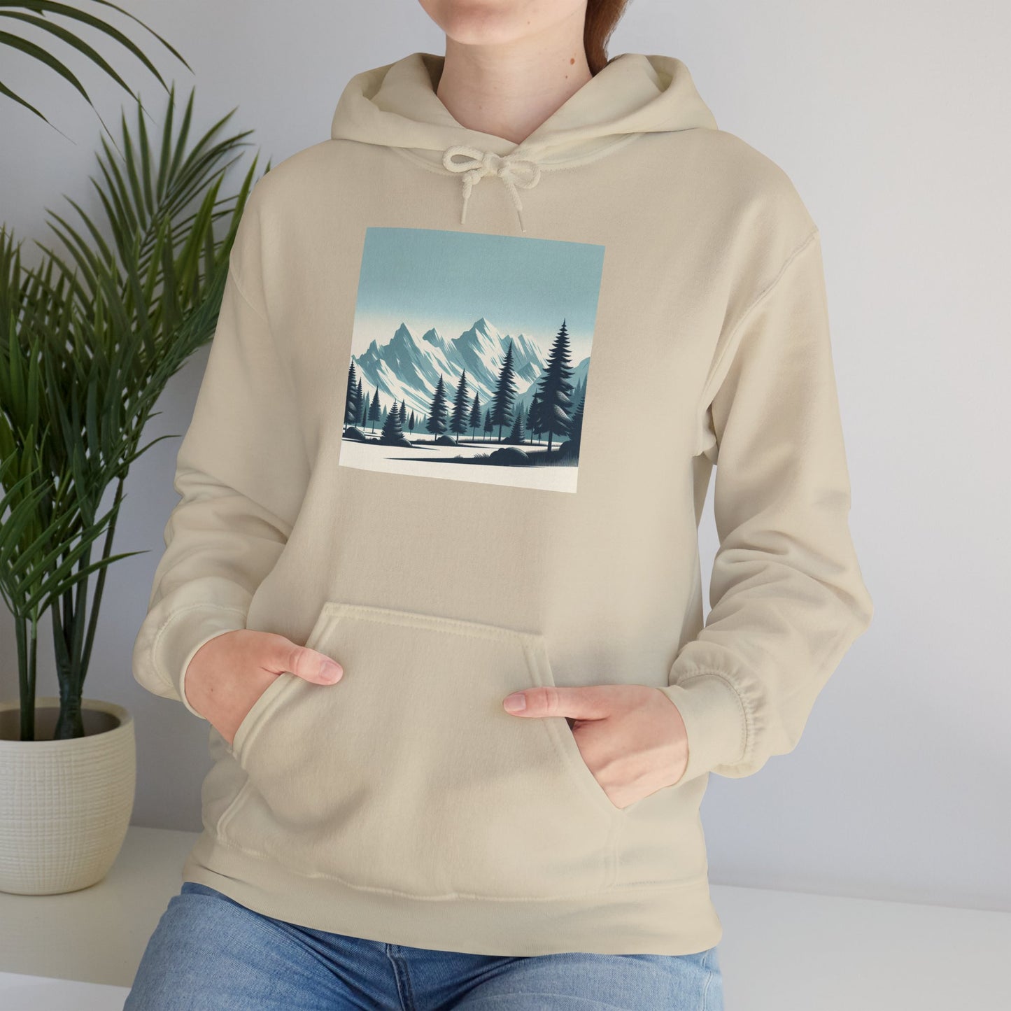 Summit Serenity Hoodie - Unisex Heavy Blend™ Sweatshirt with Pine Trees & Snowy Peaks Design | Wear the Wilderness