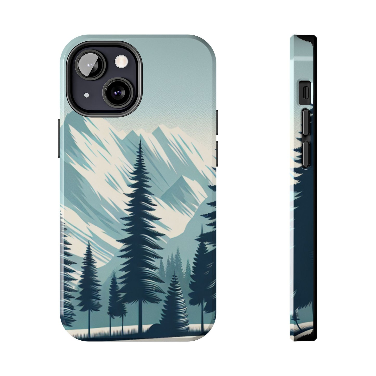 冒険が待っているタフな携帯電話ケース - 雪山の頂上と松の木のデザイン