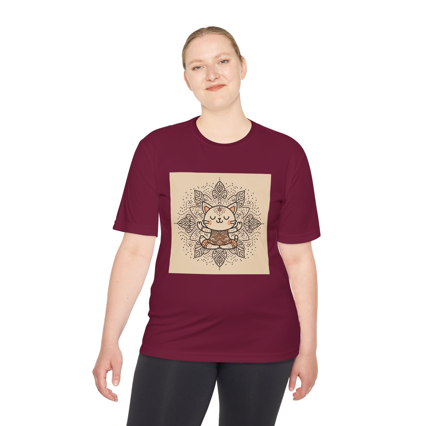 Unisex Moisture-Wicking Tee with Meditating Cat Design - Fitness, Yoga, and Wellness T-Shirt