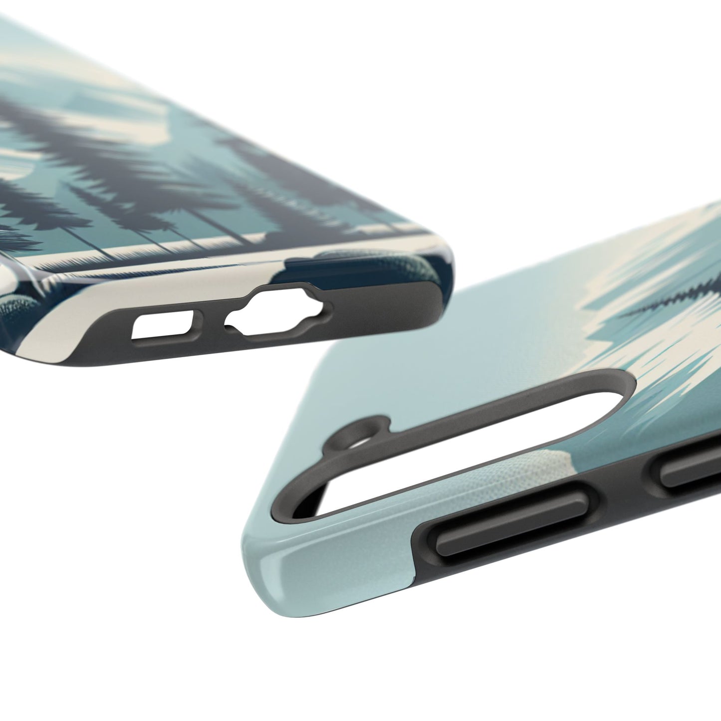 冒険が待っているタフな携帯電話ケース - 雪山の頂上と松の木のデザイン