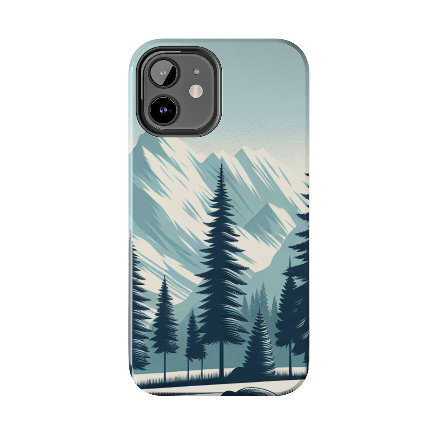 冒険が待っているタフな携帯電話ケース - 雪山の頂上と松の木のデザイン