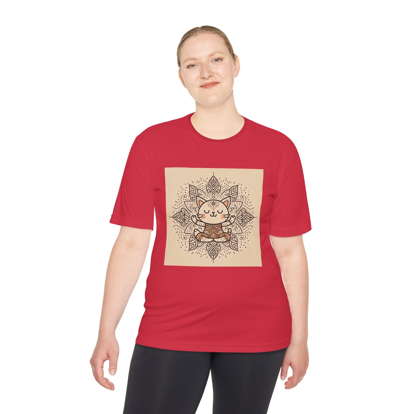 Unisex Moisture-Wicking Tee with Meditating Cat Design - Fitness, Yoga, and Wellness T-Shirt
