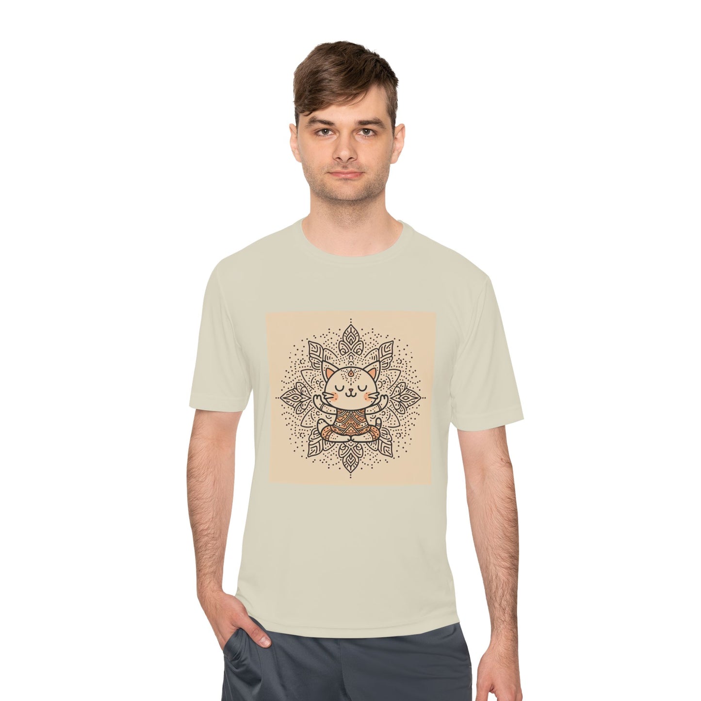 Unisex Moisture-Wicking Tee with Meditating Cat Design - Fitness, Yoga, and Wellness T-Shirt