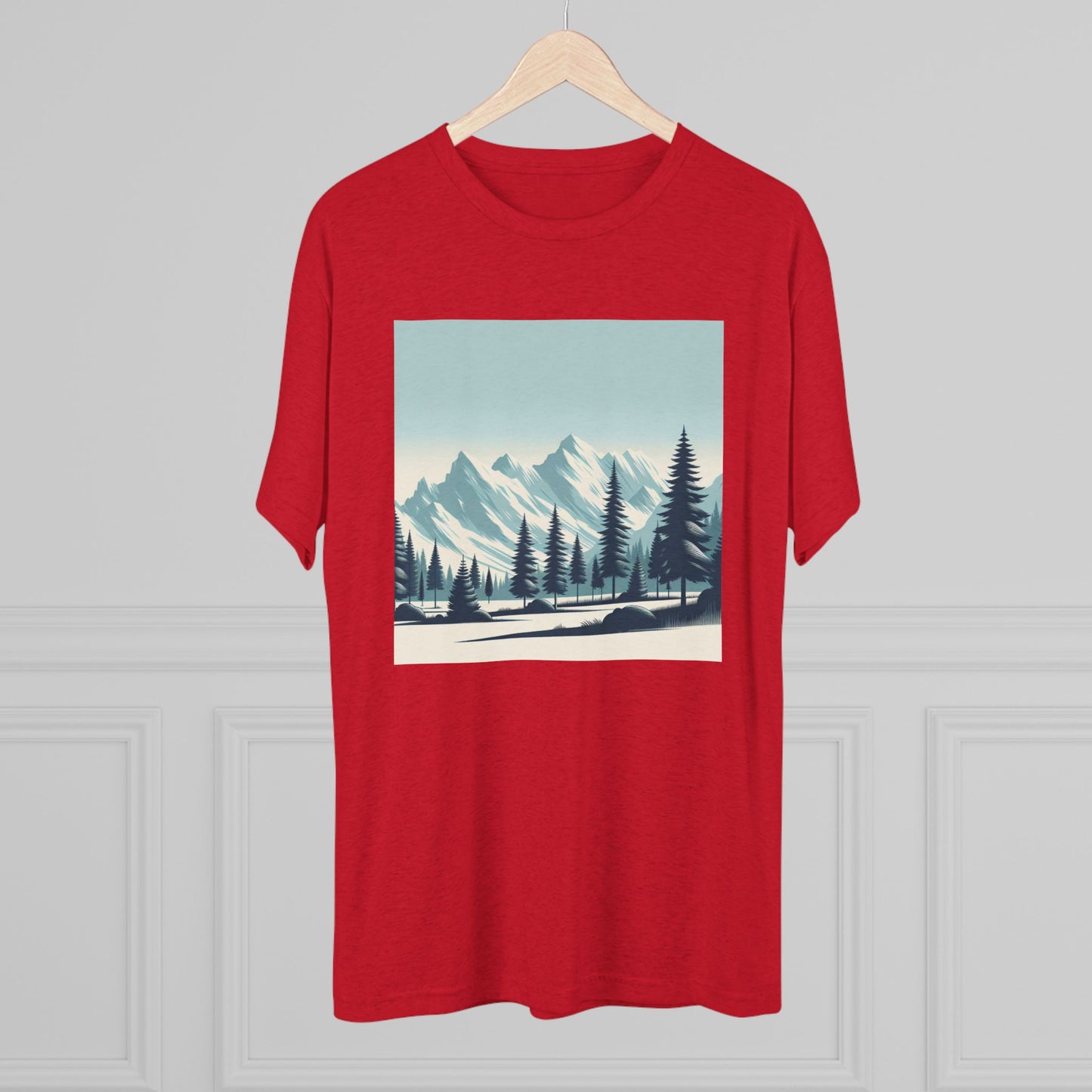 冒険が待っているユニセックストライブレンドクルーTシャツ – スノーウィーマウンテントップス＆パインツリーデザイン