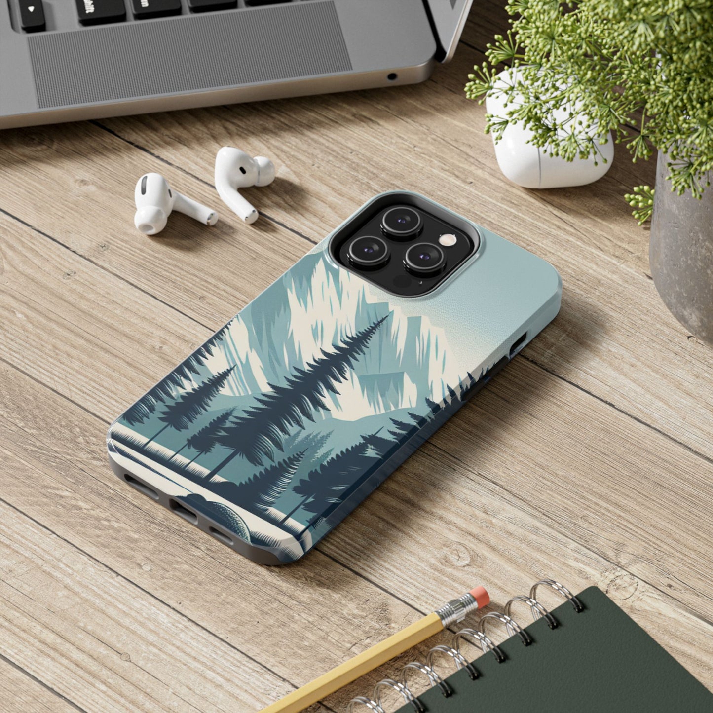 冒険が待っているタフな携帯電話ケース - 雪山の頂上と松の木のデザイン