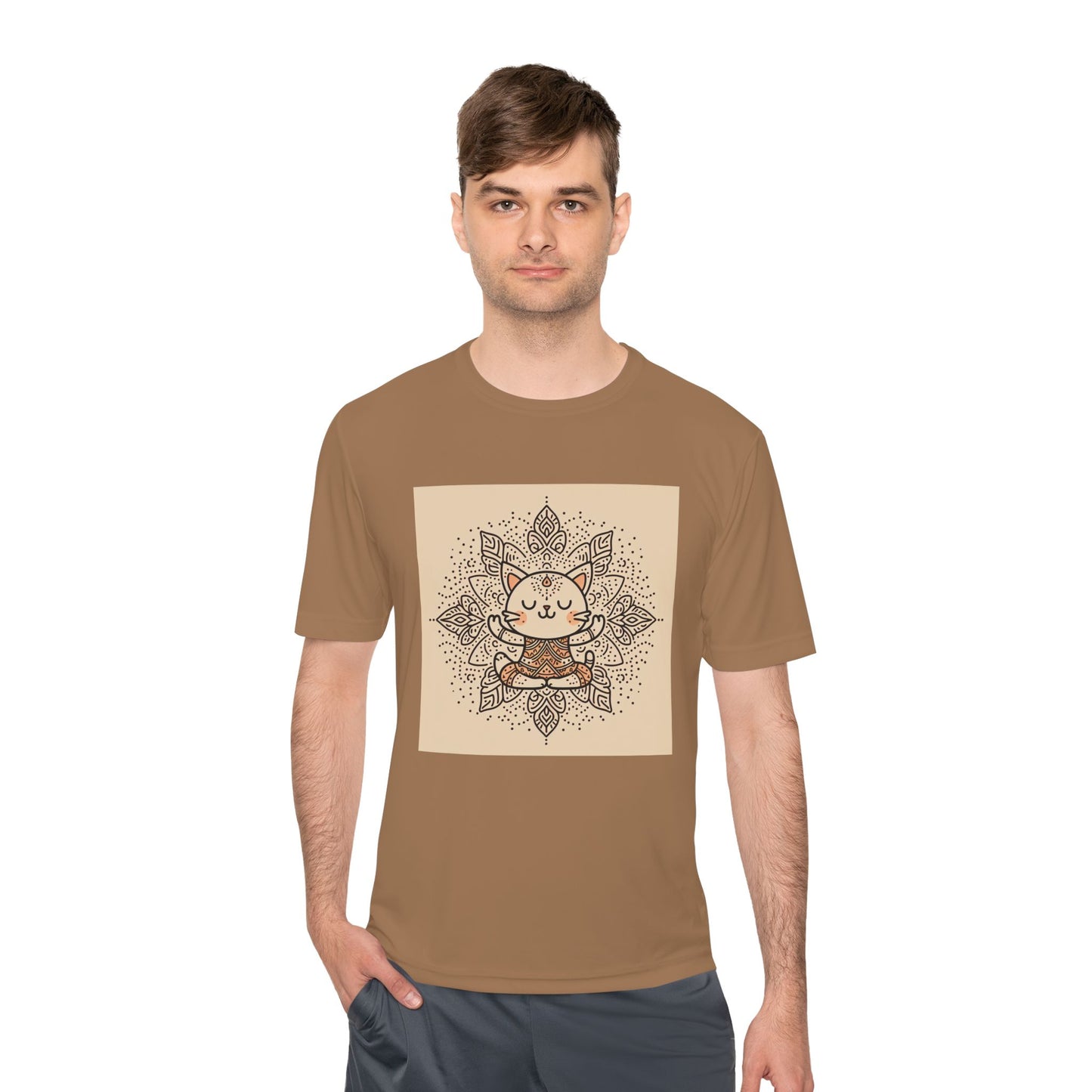 Unisex Moisture-Wicking Tee with Meditating Cat Design - Fitness, Yoga, and Wellness T-Shirt