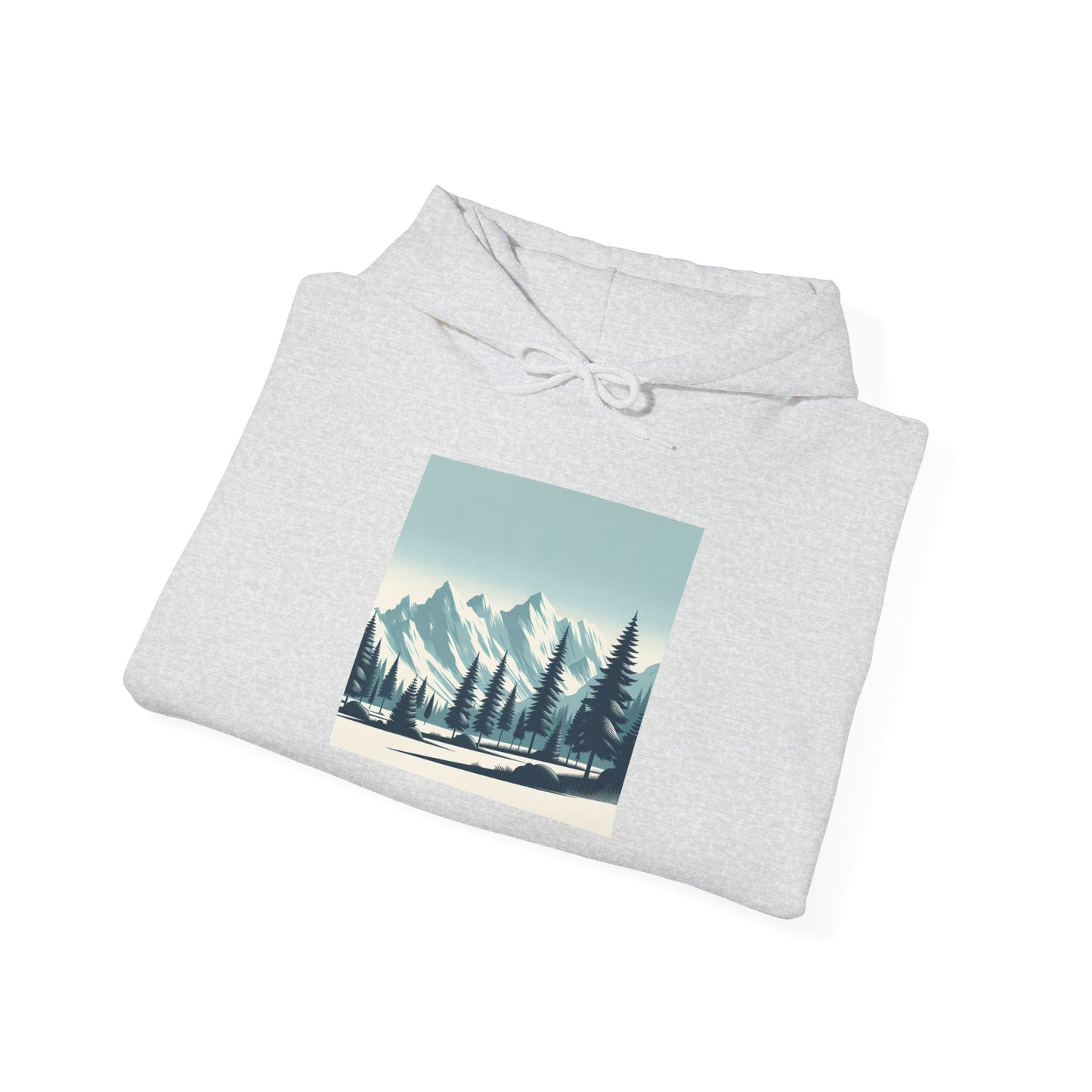 サミット セレニティ パーカー - ユニセックス ヘビー ブレンド™ スウェットシャツ、松の木と雪の山頂のデザイン | 荒野を着る
