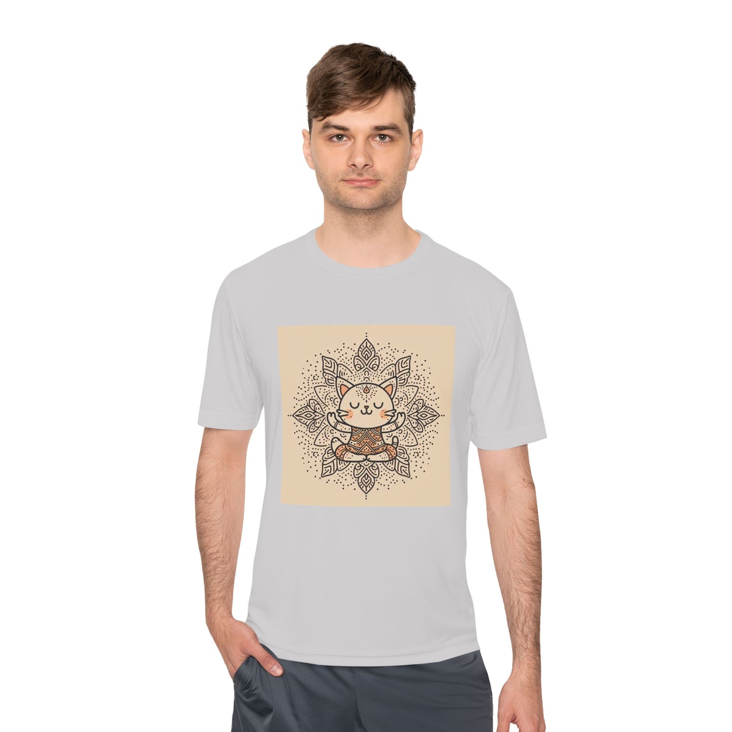 Unisex Moisture-Wicking Tee with Meditating Cat Design - Fitness, Yoga, and Wellness T-Shirt