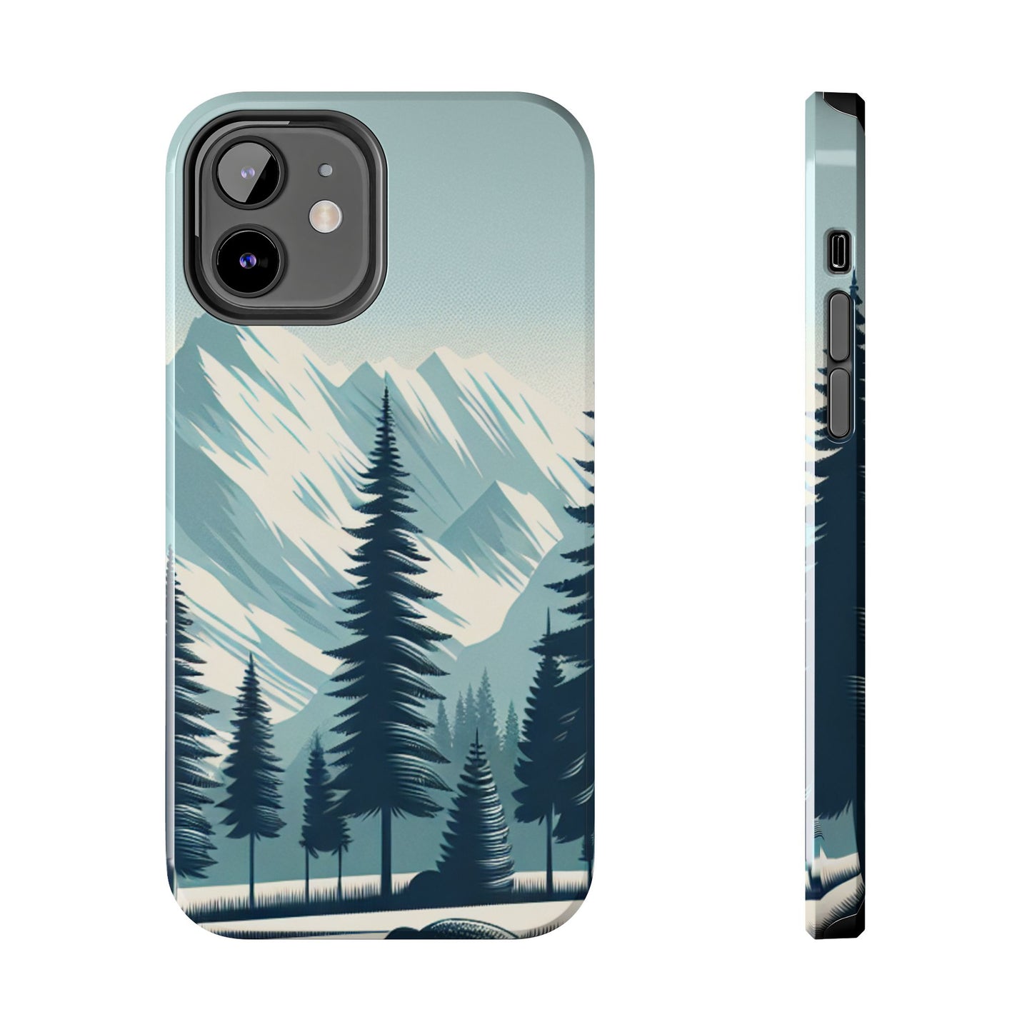 冒険が待っているタフな携帯電話ケース - 雪山の頂上と松の木のデザイン