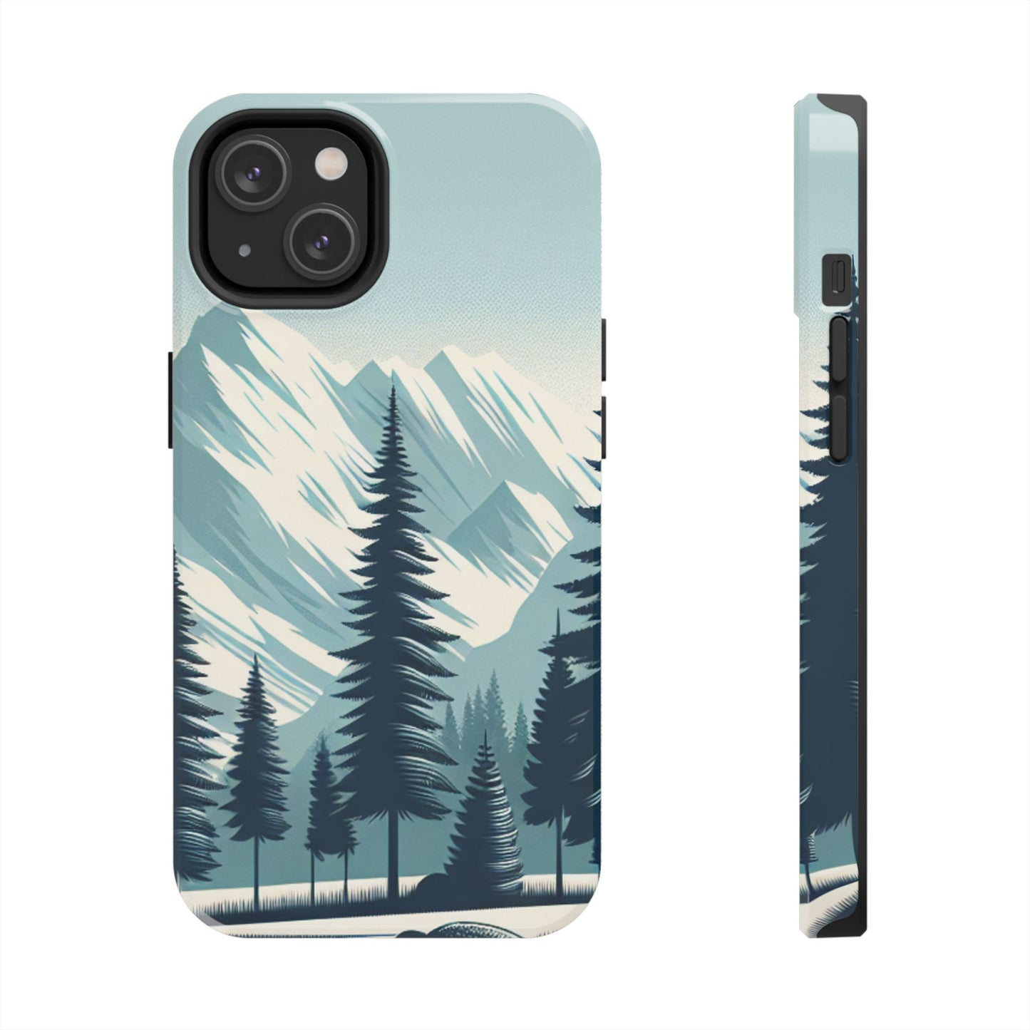 冒険が待っているタフな携帯電話ケース - 雪山の頂上と松の木のデザイン