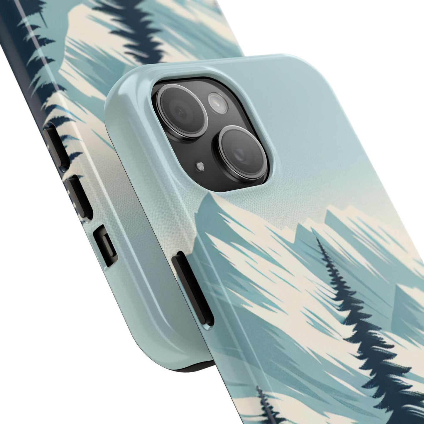 冒険が待っているタフな携帯電話ケース - 雪山の頂上と松の木のデザイン