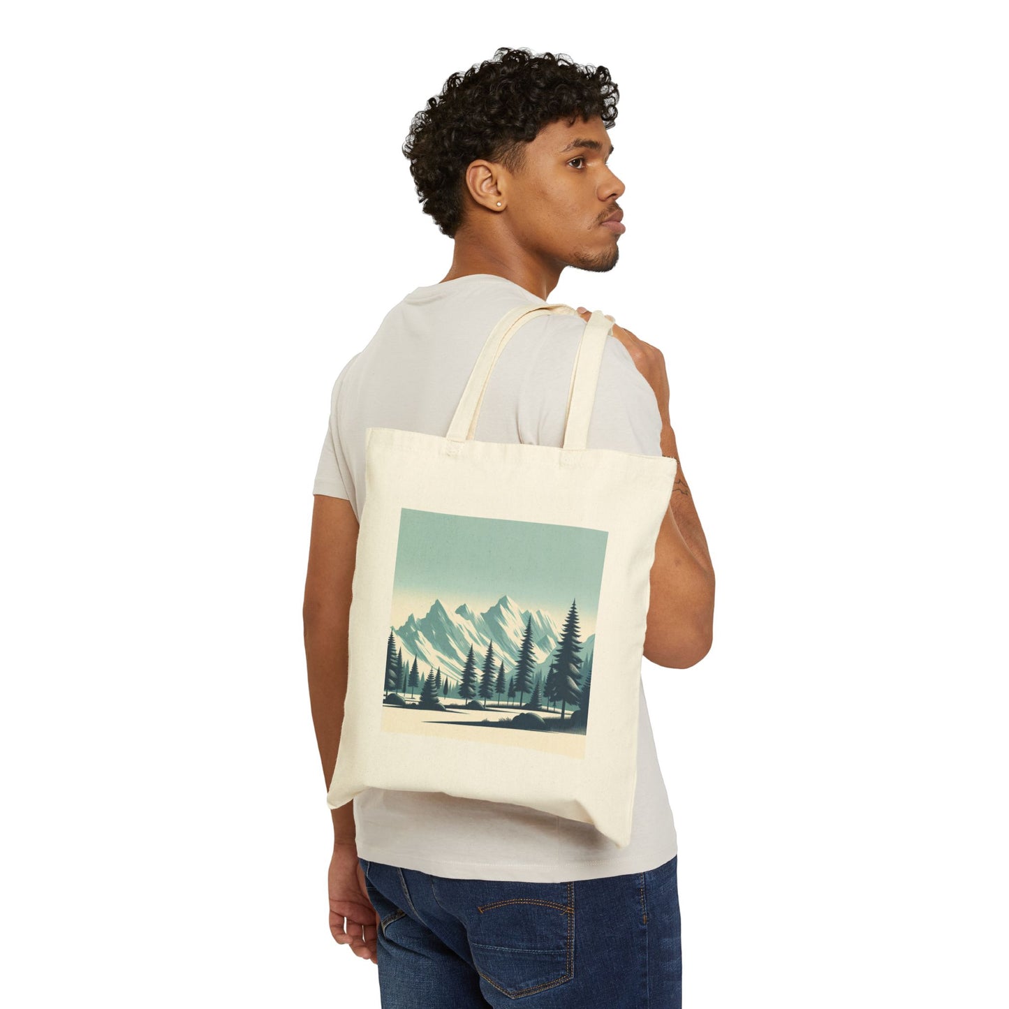 Adventure Awaits Cotton Canvas Tote Bag – Snowy Mountain Tops & Pine Tree Design