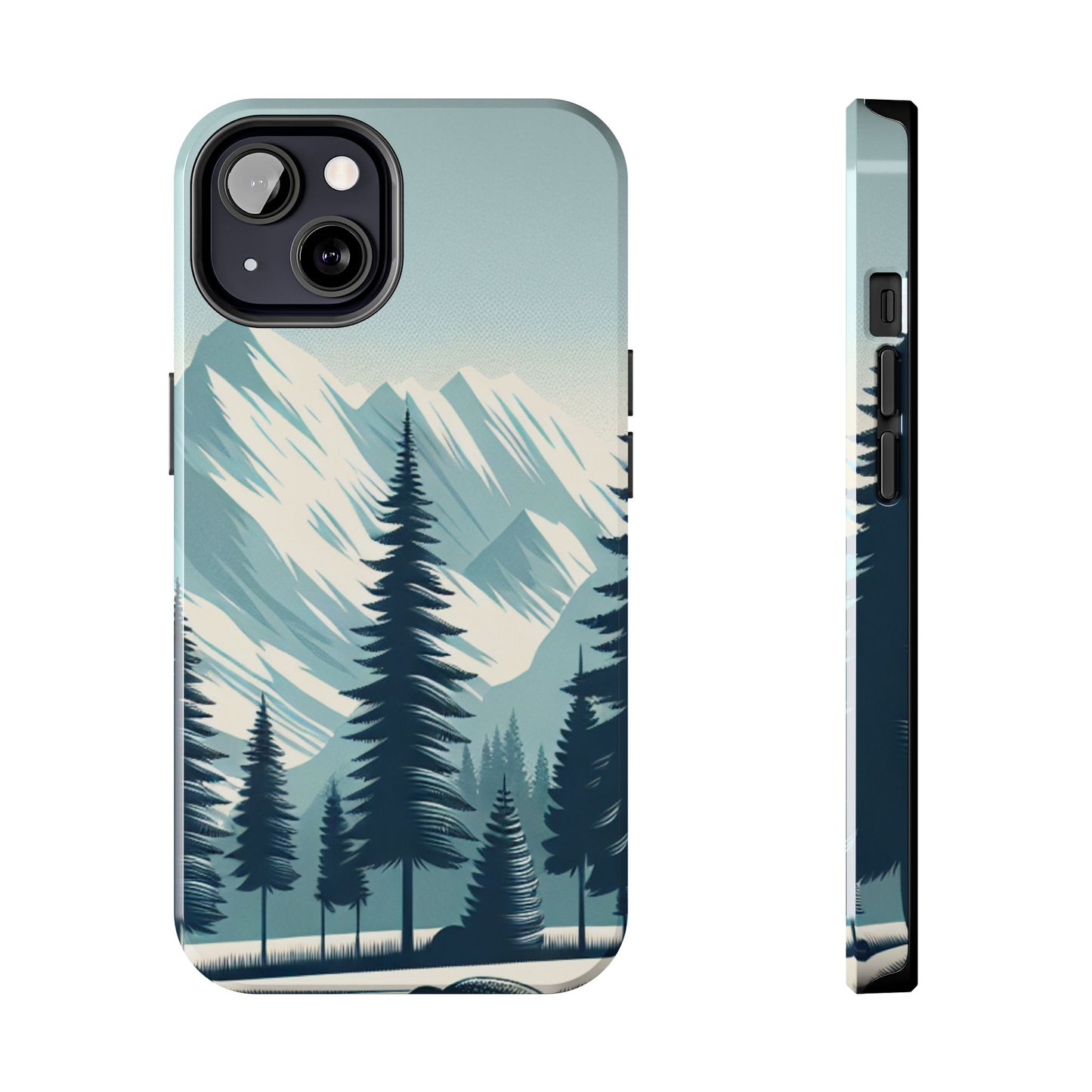 冒険が待っているタフな携帯電話ケース - 雪山の頂上と松の木のデザイン