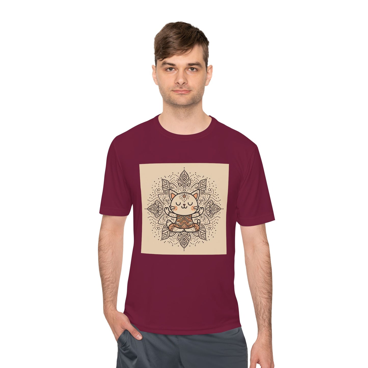 Unisex Moisture-Wicking Tee with Meditating Cat Design - Fitness, Yoga, and Wellness T-Shirt