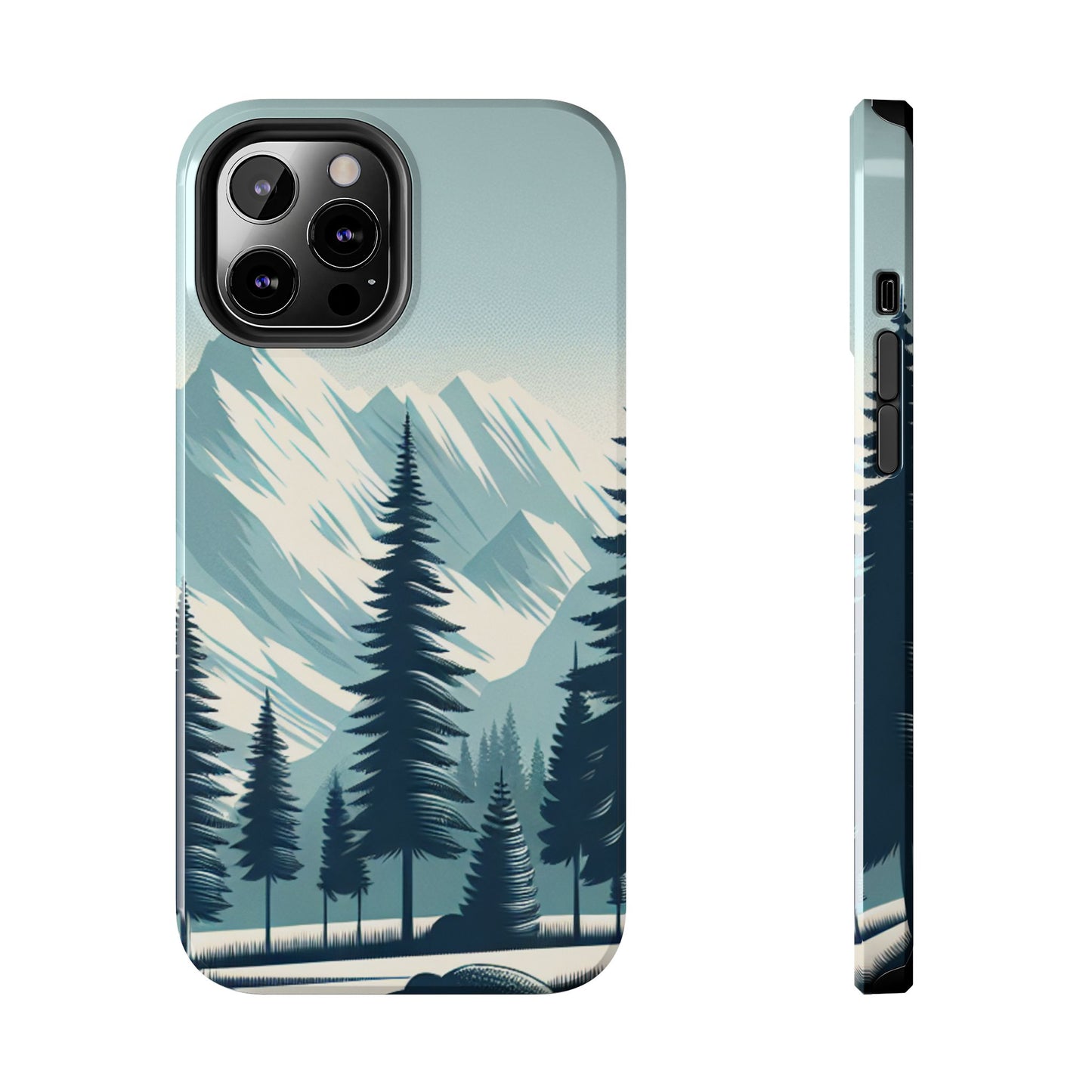 冒険が待っているタフな携帯電話ケース - 雪山の頂上と松の木のデザイン