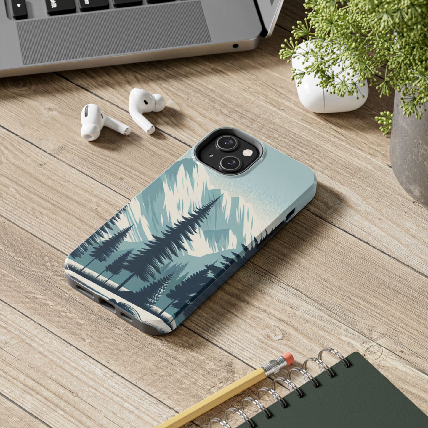 冒険が待っているタフな携帯電話ケース - 雪山の頂上と松の木のデザイン