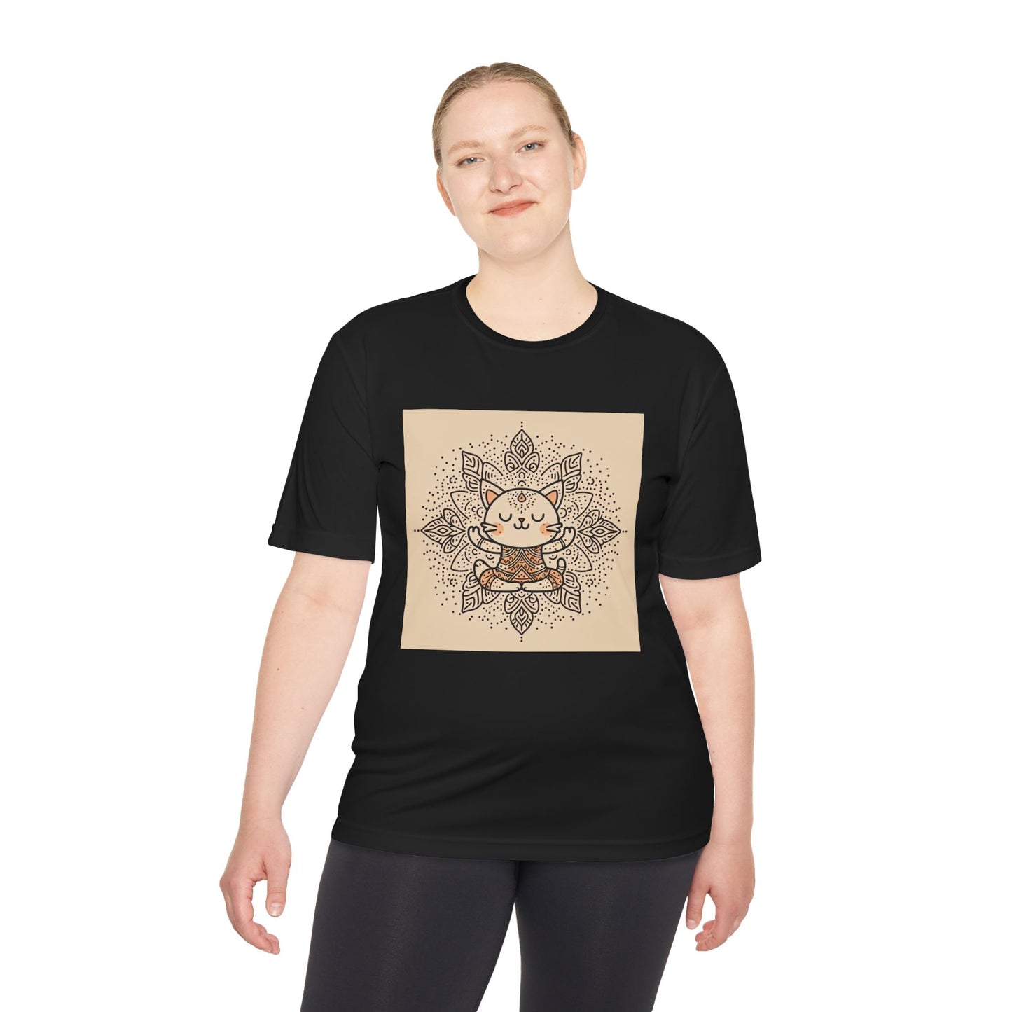 Unisex Moisture-Wicking Tee with Meditating Cat Design - Fitness, Yoga, and Wellness T-Shirt