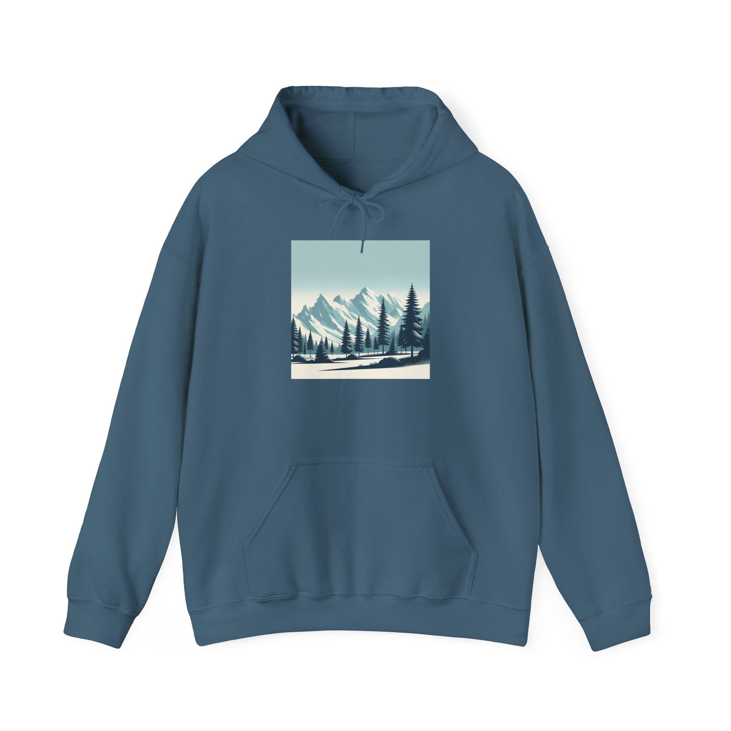 Summit Serenity Hoodie - Unisex Heavy Blend™ Sweatshirt with Pine Trees & Snowy Peaks Design | Wear the Wilderness