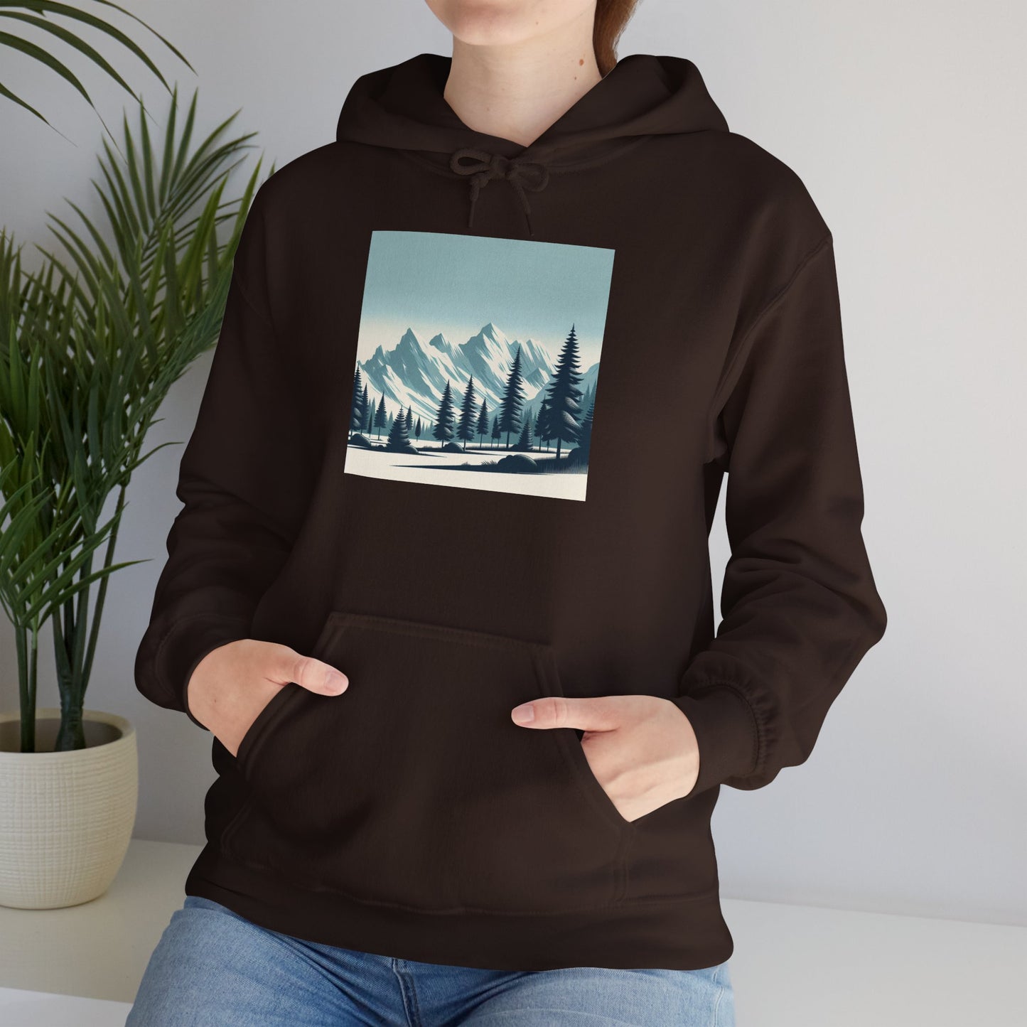 Summit Serenity Hoodie - Unisex Heavy Blend™ Sweatshirt with Pine Trees & Snowy Peaks Design | Wear the Wilderness