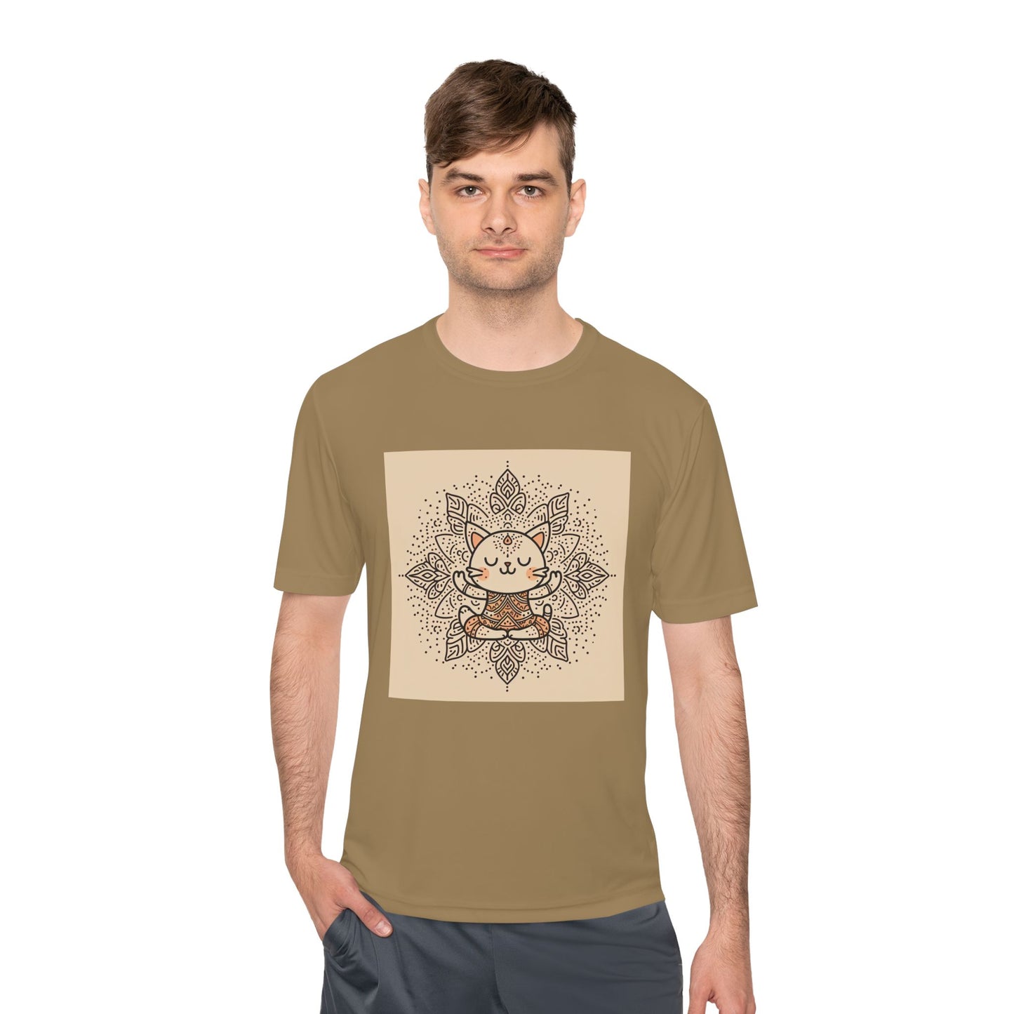 Unisex Moisture-Wicking Tee with Meditating Cat Design - Fitness, Yoga, and Wellness T-Shirt