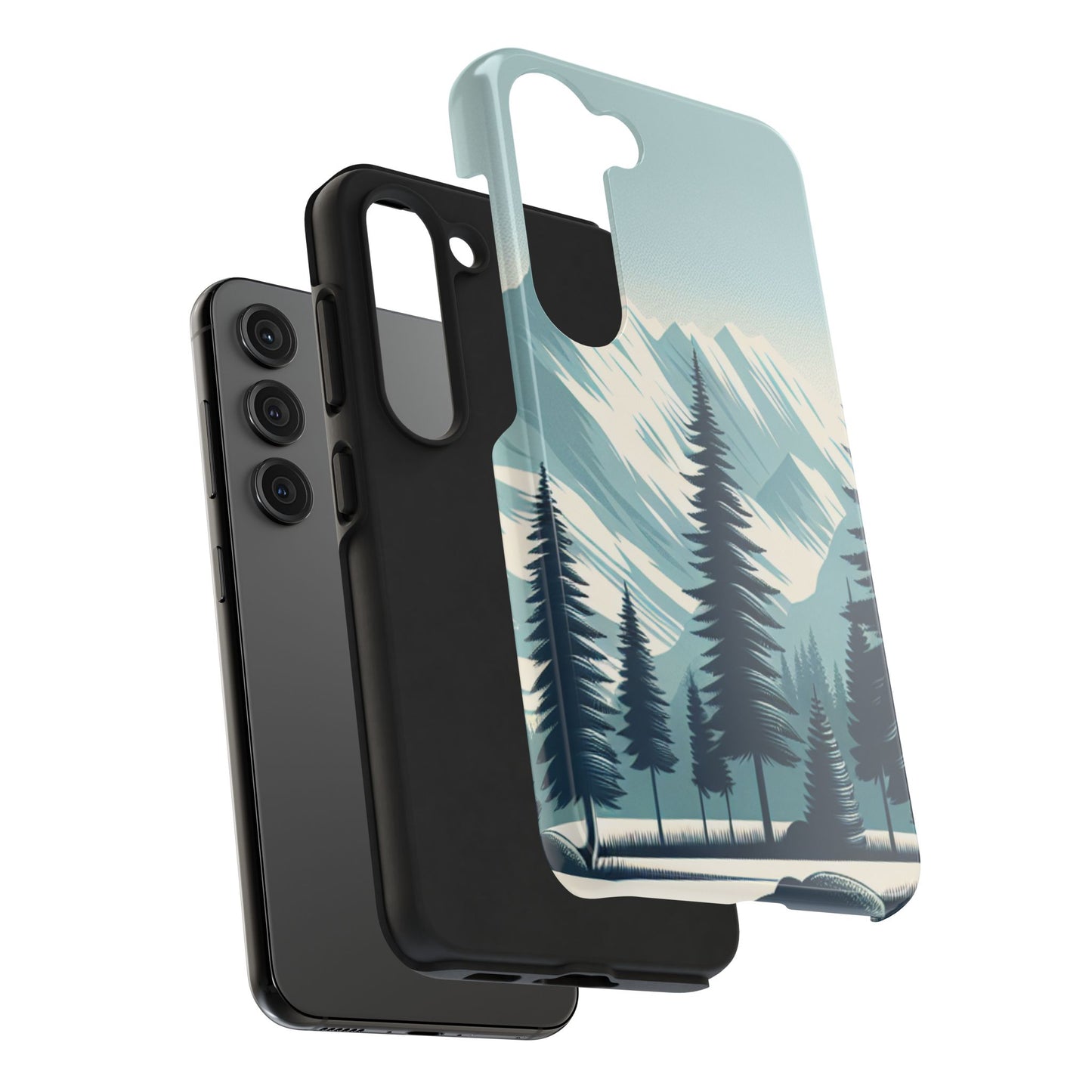 冒険が待っているタフな携帯電話ケース - 雪山の頂上と松の木のデザイン